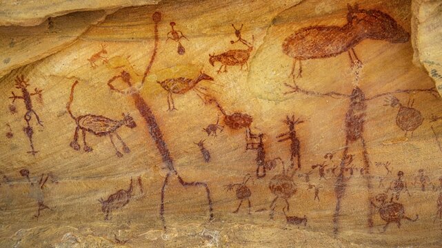 Rock art painting at Pedra Furada, Unesco site Serra da Capivara National Park, Piaui, Brazil
