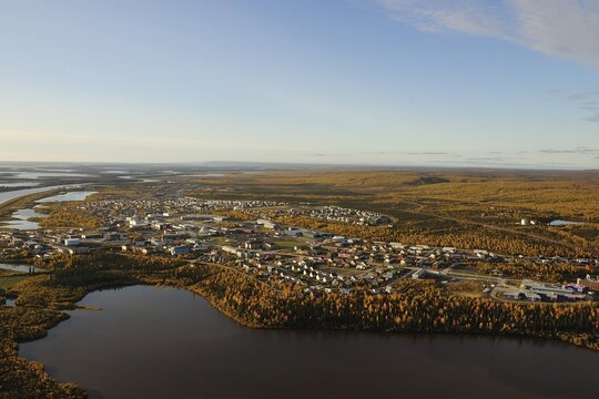 Aerial view of Inuvik on the banks of the Mackenzie River Delta, Northern Territories, Canada