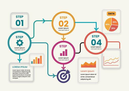 Business infographic template with 4 steps process flow chart, business icons, and data analysis charts on a grid background. Vector illustration