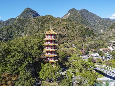 Aerial of Tianfeng Pagoda and Tianxiang recreational area, Taroko National Park, Hualien county, Taiwan, Xiulin, Hualien County, Taiwan