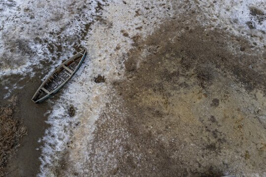Aerial of the salty grounds of the Aral lake, Aralsk, Aral lake, Kazakhstan
