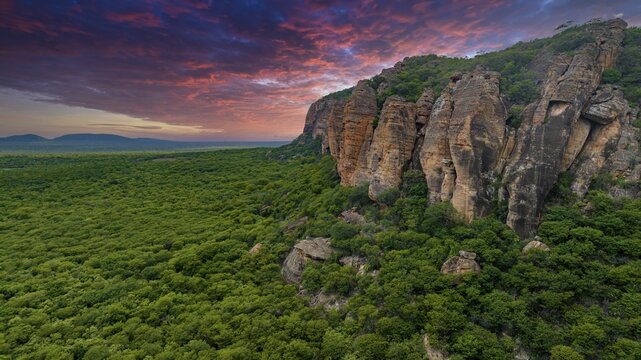 Aerial of the Sandstone cliffs in the Unesco site Serra da Capivara National Park, Piaui, Brazil