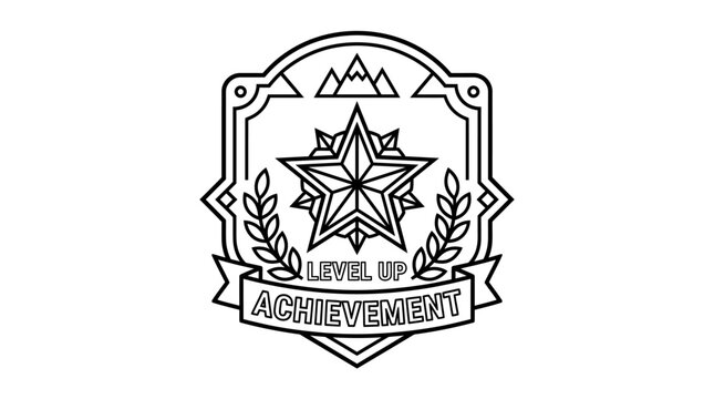 Black and white line art emblem with a star, mountains, laurel branches, and 'LEVEL UP ACHIEVEMENT' text on a banner, representing a gaming or success badge.