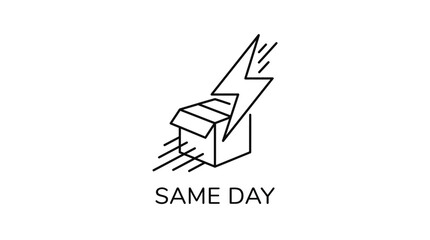 Fototapeta premium Line art icon representing same day delivery service with a cardboard box, speed lines, and a lightning bolt symbol.