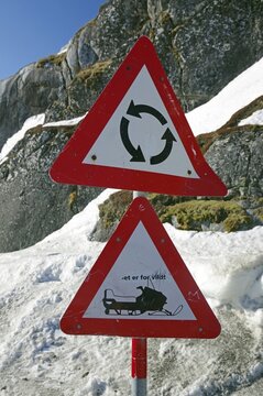 Traffic sign with roundabout and snowmobile, Nuuk, capital, traffic, Greenland, Denmark