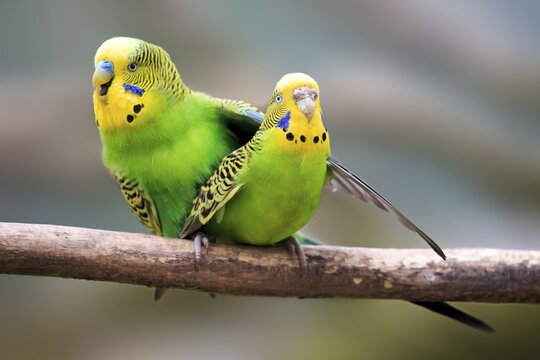 Budgerigars (Melopsittacus undulatus), mating, captive