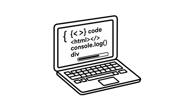 A line art illustration of a laptop displaying various programming code snippets on its screen, representing software development.