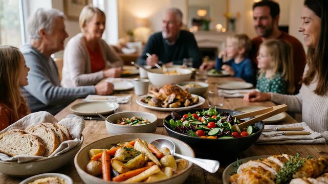 Multi-generational family dinner with roasted chicken and vegetables. People eating together at celebratory feast