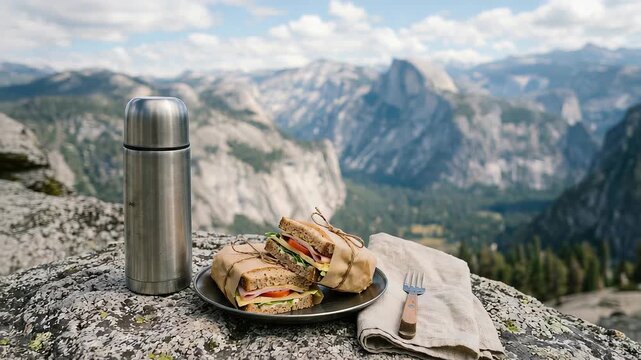 Sandwich and thermos on rock with mountain view. Picnic food during hiking trip in valley. Landscape travel adventure with meal on cliff edge. Outdoor recreation with panoramic mountain scenery vista