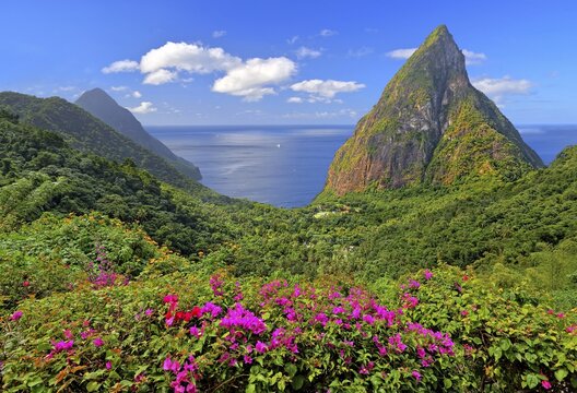 Landscape with the two Pitons, Gros Piton 770m and Petit Piton 743m, Soufriere, St. Lucia, Lesser Antilles, West Indies, Caribbean Islands