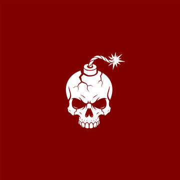 A high-contrast vector illustration combining a cracked human skull with an explosive bomb fuse on dark red background