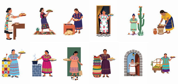 Set of vector illustrations showing Mexican women in traditional clothing cooking, serving, and selling tamales in various cultural settings.