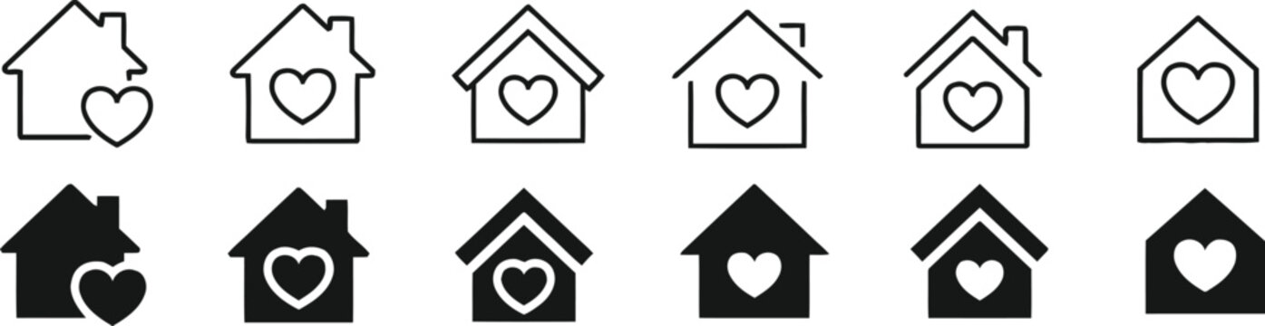 House with heart icon set line and solid styles