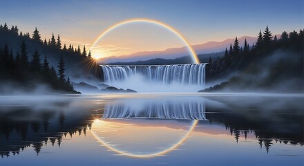 Fototapeta premium Radiant rainbow over a majestic waterfall, perfectly reflected in a serene lake, framed by a misty forest at dawn, creating an ethereal natural scene