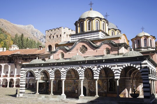 Courtyard with abbey church, Rila Monastery, UNESCO World Heritage Site, Rila Mountains, Rila, Bulgaria