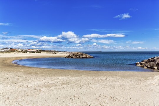 Coastline, bay with beach on the Mediterranean Sea, sunny weather, Frontignan Plage near S&egrave;te, Occitania, South of France, France