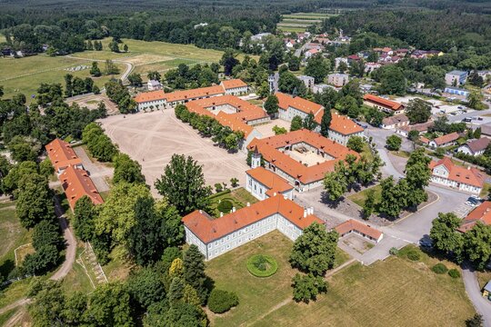 Aerial of the Unesco site, Landscape for Breeding and Training of Ceremonial Carriage Horses at Kladruby nad Labem, Czech Republic