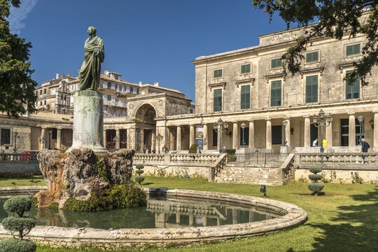 Hadrian sculpture in front of the Palace of St. Michael and St. George, Museum of Asian Art, Corfu City, Island of Corfu, Greece
