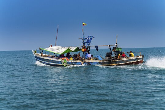 Sea gypsies Moken on their fishing boat, Mergui or Myeik Archipelago, Myanmar