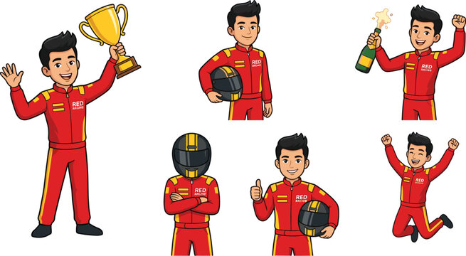 Racing Driver Character Set with Trophy, Helmet, Champagne, and Victory Celebration Poses in Red Racing Suit for Motorsport Designs