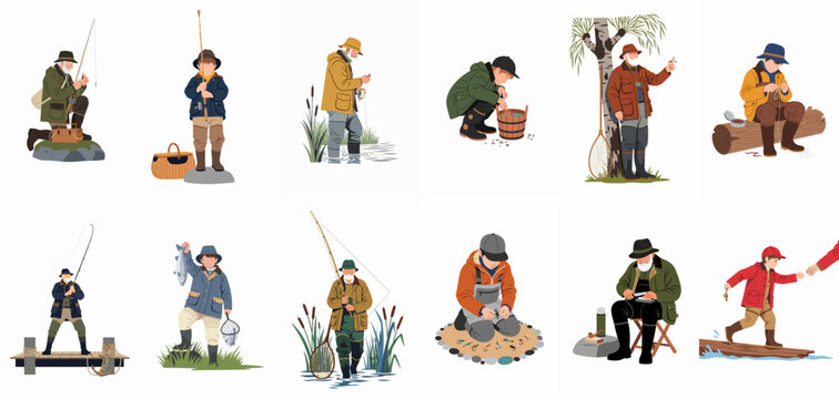 Set of fishing illustrations featuring men and boys in various outdoor scenarios, from preparing gear to catching fish, in a flat vector style.
