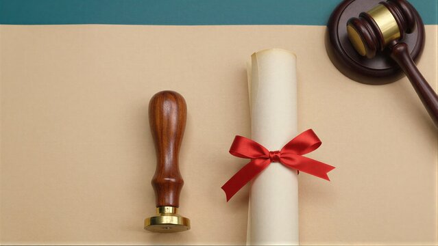 Wooden gavel scroll with red ribbon and seal on beige paper.