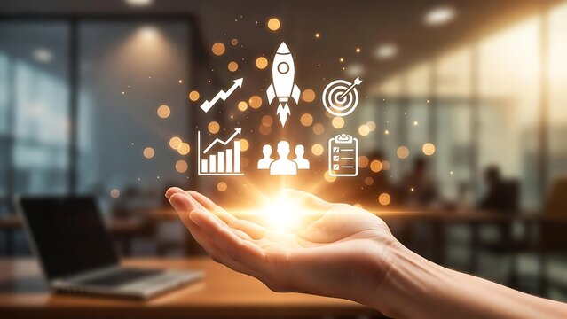 Business growth and success concept with hand holding icons.