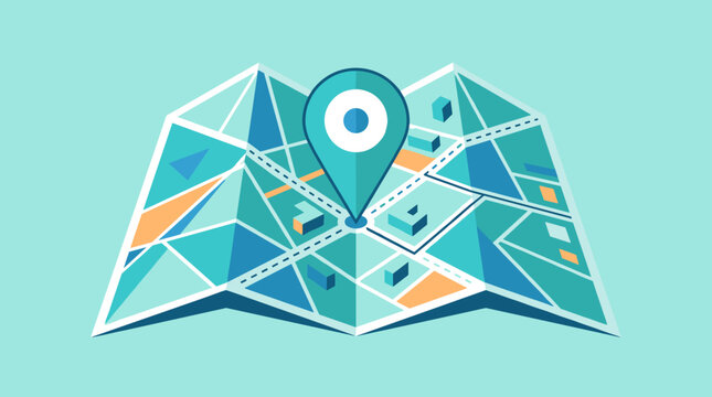 Folded City Navigation Map Illustration with Location Pin, GPS Tracking Route and Geometric Urban Mapping Concept