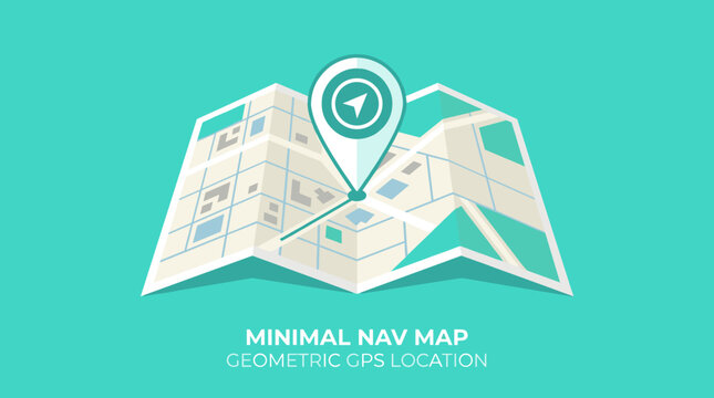 Clean Geometric Minimalist Navigation Map &ndash; Teal Folded GPS Map with Location Pin and Modern Design