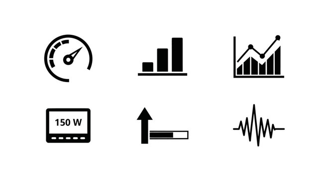 Business Growth Icons: Speedometer, Bar Chart, Line Graph, Monitor, Progress Bar, Waveform