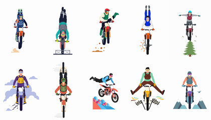 A collection of flat vector illustrations featuring motocross riders performing various extreme stunts and jumps on their dirt bikes. © Haris