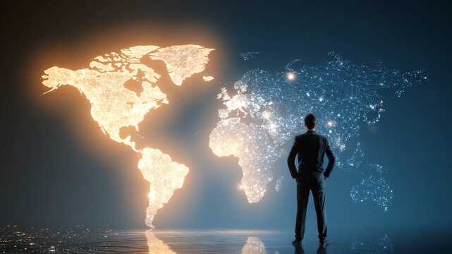 A silhouette of a businessman gazing at a illuminated world map, symbolizing ambition.