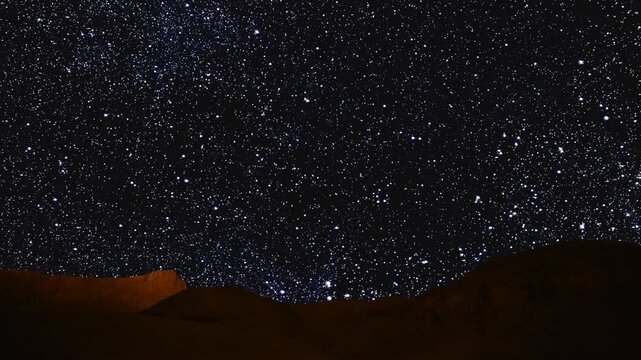 astronomical time lapse of starry night sky with milky way galaxy moving over desert mountain landscape