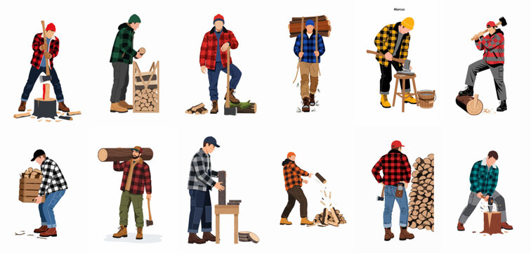 Set of illustrations featuring lumberjacks chopping, carrying, and stacking firewood in various poses, wearing classic flannel shirts and outdoor gear.
