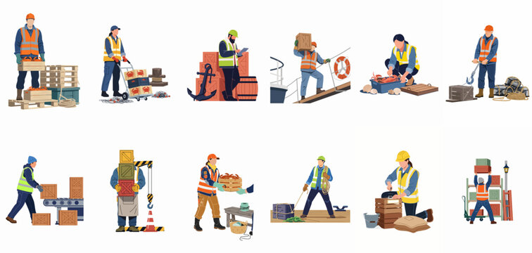 A collection of various maritime and dock workers performing different tasks such as moving cargo, sorting seafood, and managing inventory in a flat illustration style.