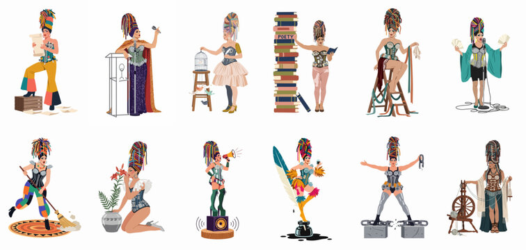 Set of twelve illustrations featuring a fabulous drag queen in various creative and expressive poses, showcasing different themes from literature to performance.