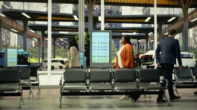 Diverse group of travelers passing bus station with carry-on luggage, international express transport services. Crowded terminal hub with people checking departure time and walking around.
