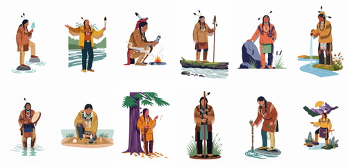 Fototapeta premium Collection of flat vector illustrations depicting Native American men performing sacred traditional ceremonies and rituals in various natural environments.