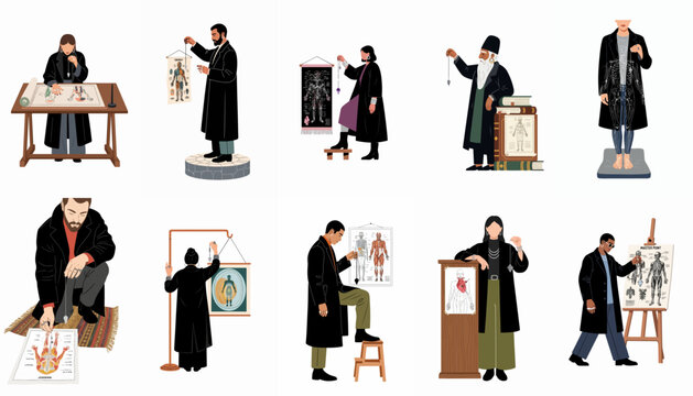 A collection of diverse people practicing radiesthesia and dowsing with pendulums on anatomical charts for holistic healing and energy exploration.