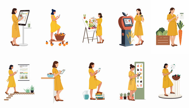 Set of flat vector illustrations showing a woman using digital apps and technology to track nutrition, calorie intake, and a healthy lifestyle.