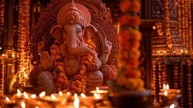 Lord Ganesha idol surrounded by glowing oil lamps and flower garlands during Ganesh Chaturthi.