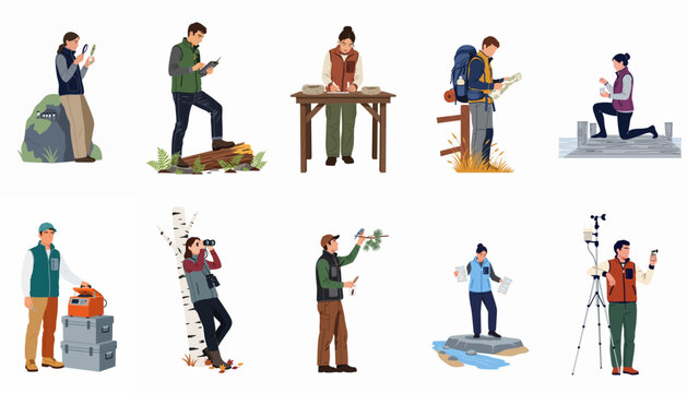 Set of vector illustrations featuring diverse field researchers and scientists conducting scientific experiments and data collection in various outdoor natural environments.