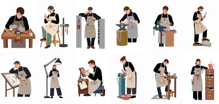 Collection of professional jeweler characters in aprons working with specialized tools on various jewelry making processes in a flat vector illustration style.