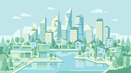 Obraz premium Sustainable Smart City Waterfront Illustration with Futuristic Green Architecture and Eco Friendly Urban Landscape