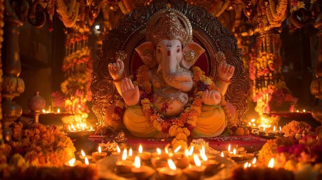 Ornate Ganesha idol adorned with flowers and lit diyas for Hindu festival worship