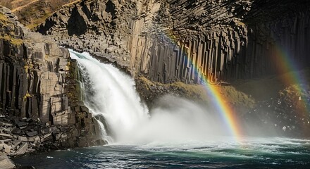 Obraz premium Majestic Waterfall with Vivid Rainbow Arcing Over Dramatic Basalt Columns in a Powerful Natural Landscape Scene
