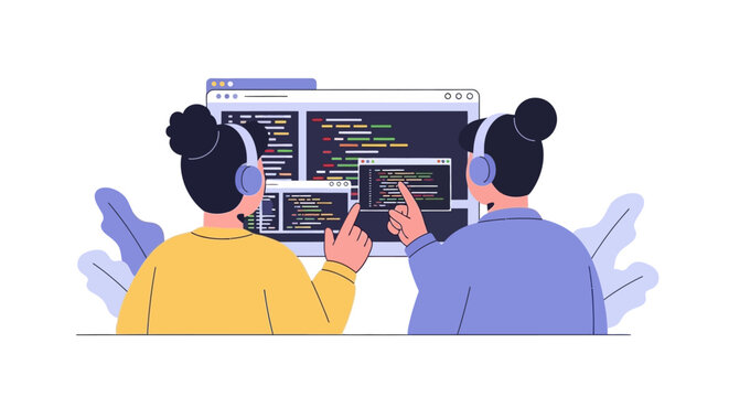 Diverse Team Coding Together on Computer Screen, Learning Programming