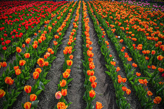 View of vibrant rows of orange and red tulips blooming in a field at Peninsula San Pedro with dark soil and green leaves San Carlos de Bariloche, Rio Negro Province, Argentina.