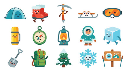 Cute cartoon winter adventure equipment and characters with happy faces. © GJ