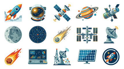 Collection of space exploration and astronomy icons including rockets, astronauts, planets, and satellites. © GJ